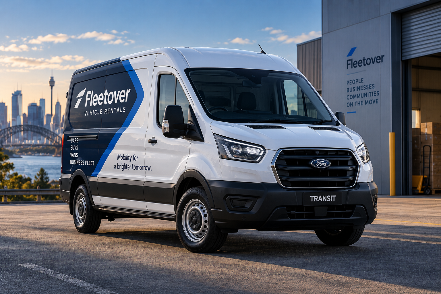 Fleetover-branded Ford Transit van outside a warehouse