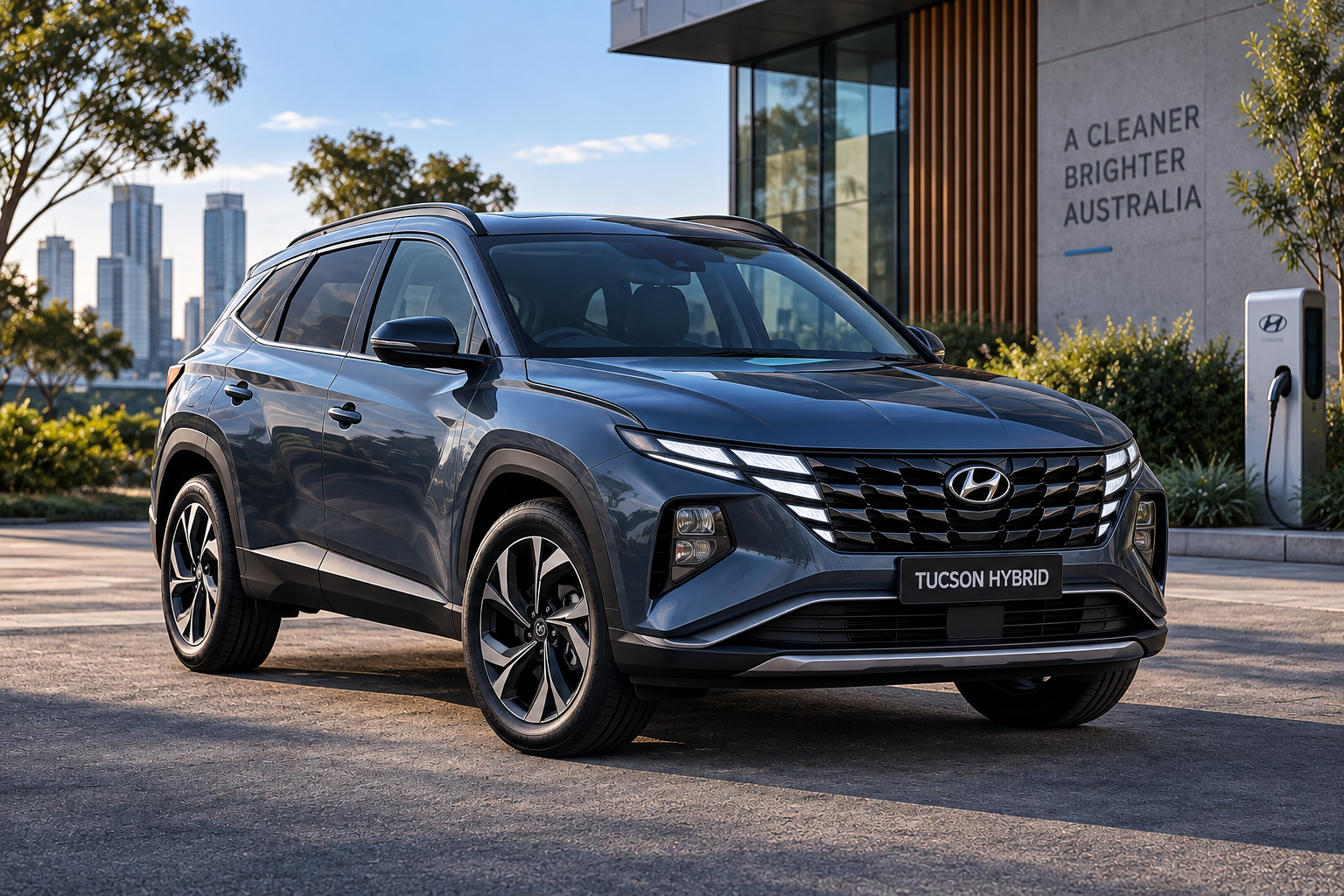 Grey Hyundai Tucson Hybrid parked beside a charging point