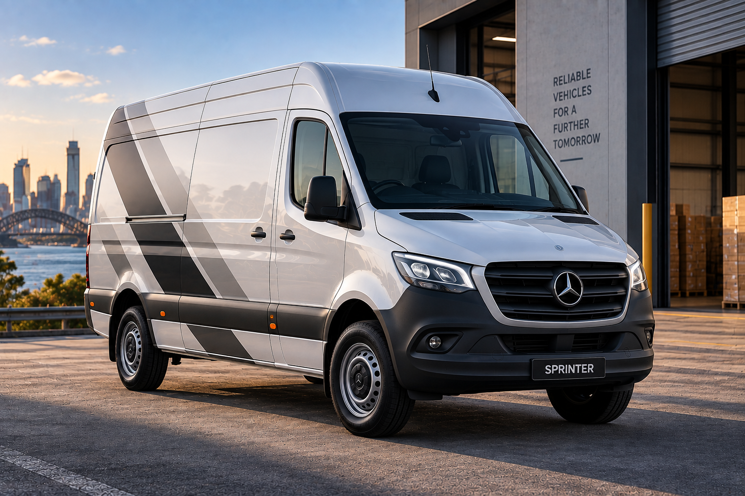 White Mercedes-Benz Sprinter van outside a logistics facility