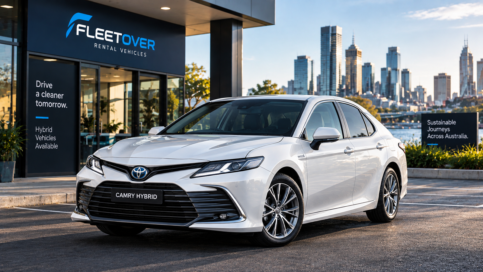 Hybrid sedan on a tree-lined Australian country road at sunrise